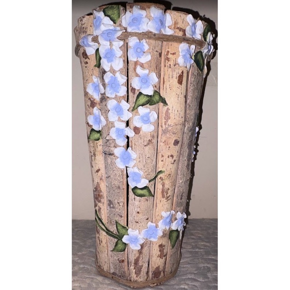 Rustic Faux Twig Umbrella Holder Handcrafted Blue Floral Relief Wood Stand